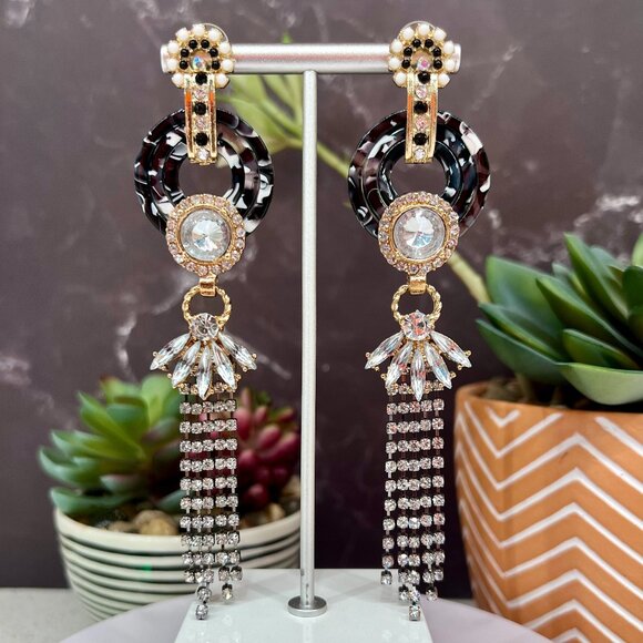 "Sharese" NEW  Black White Glam Chandelier Tassel Statement Fashion Earrings - Picture 1 of 3